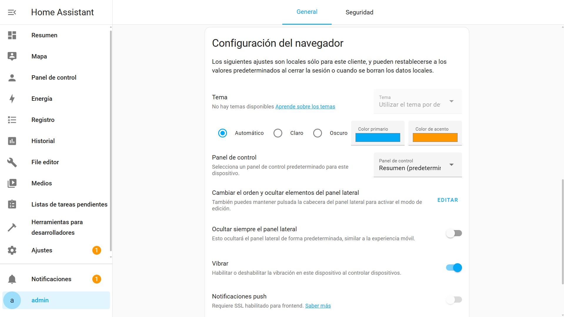 Perfil - Ajustes de Navegador