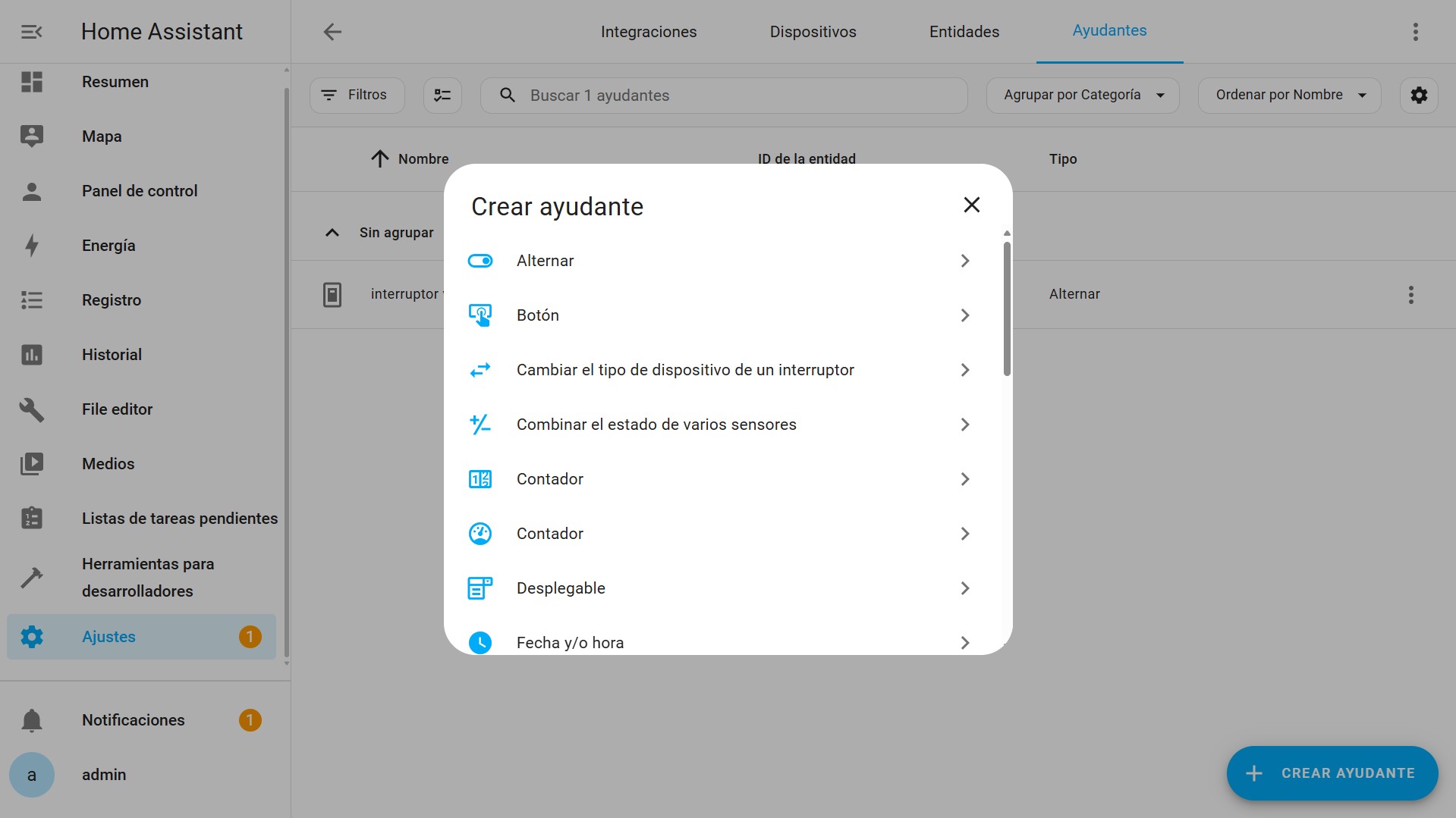 Ajustes - Dispositivos y Servicios - Ayudantes - Crear Ayudante